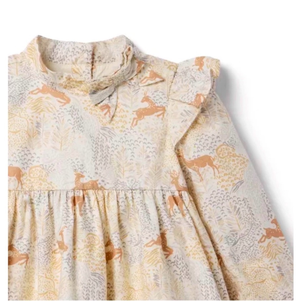 JANIE & JACK CREAM TAN BROWN DEER PRINT LONG SLEEVE TWILL DRESS - Picture 4 of 9